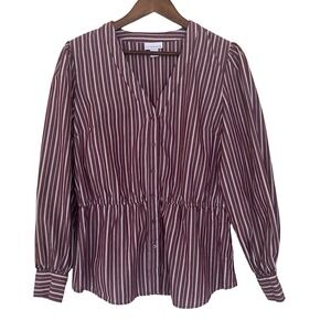 Liz Claiborne Womens Burgundy Striped Cotton Peplum Blouse V-Neck Long Sleeve L